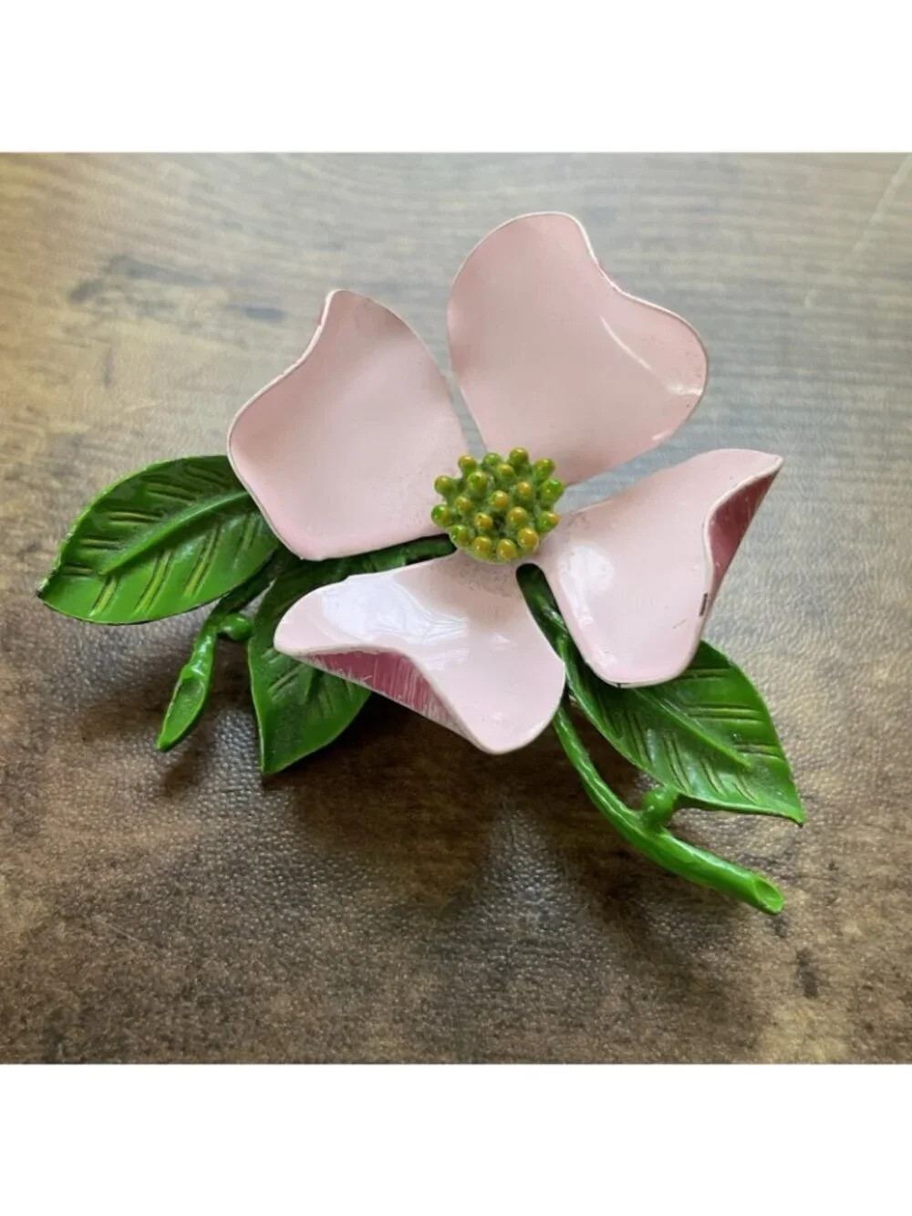 Vintage 1960s Enamel Dogwood Flower Brooch Pink Green Floral Pin Large 2.5